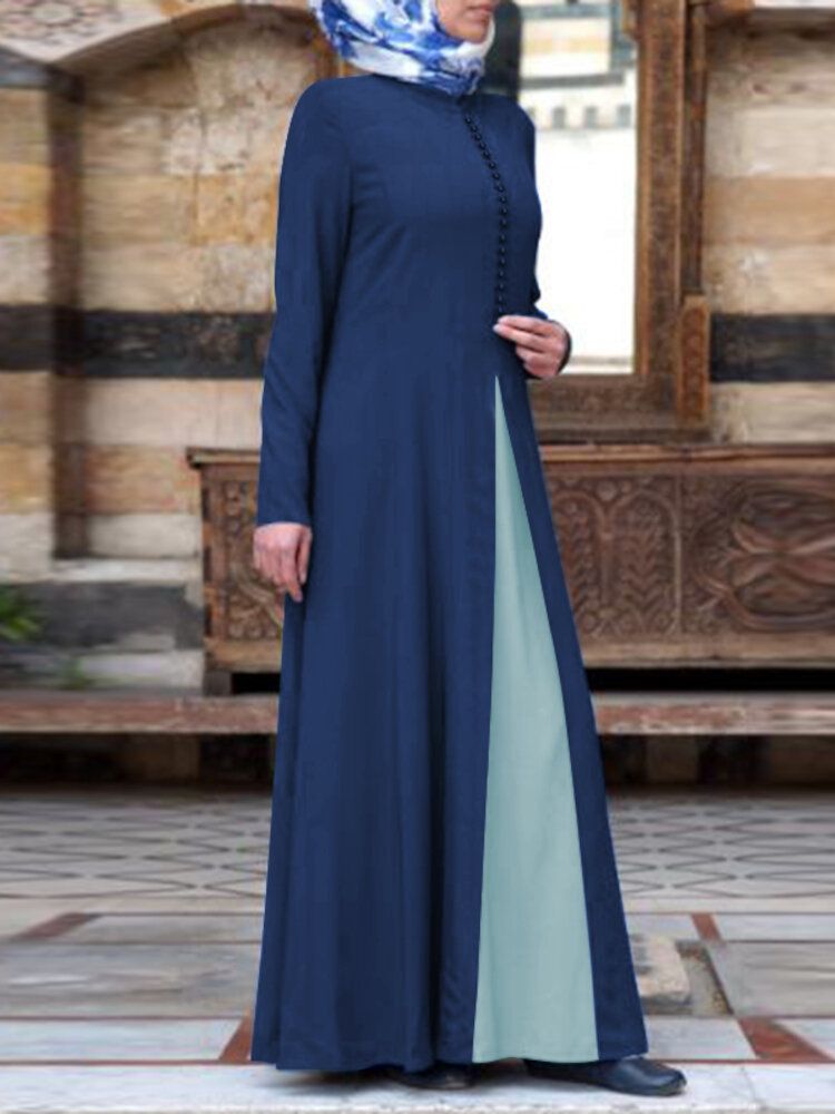 Women Contrast Color Stitching Bohemian Button Long Sleeve MuslimMaxi DressAbayaKaftan-blue