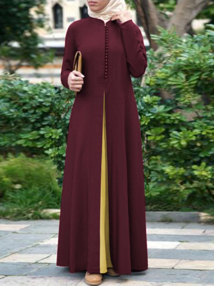 Women Contrast Color Stitching Bohemian Button Long Sleeve MuslimMaxi DressAbayaKaftan-blue
