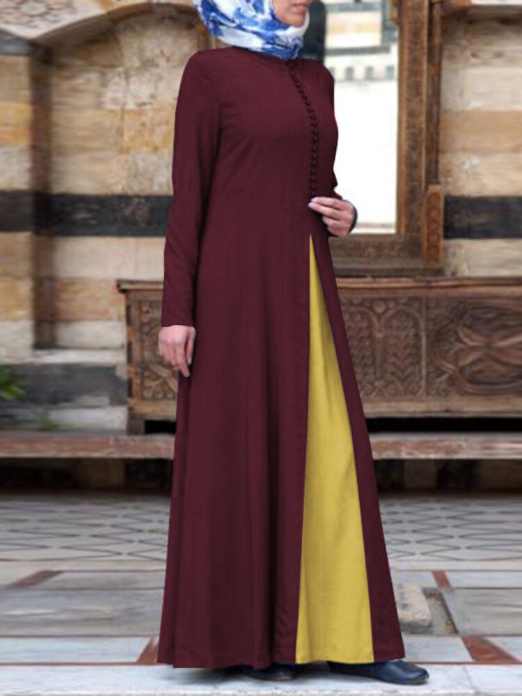 Women Contrast Color Stitching Bohemian Button Long Sleeve MuslimMaxi DressAbayaKaftan-blue