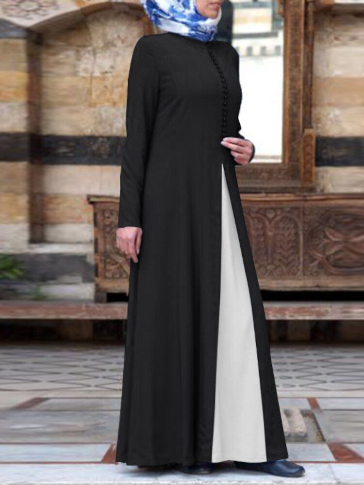 Women Contrast Color Stitching Bohemian Button Long Sleeve MuslimMaxi DressAbayaKaftan-blue