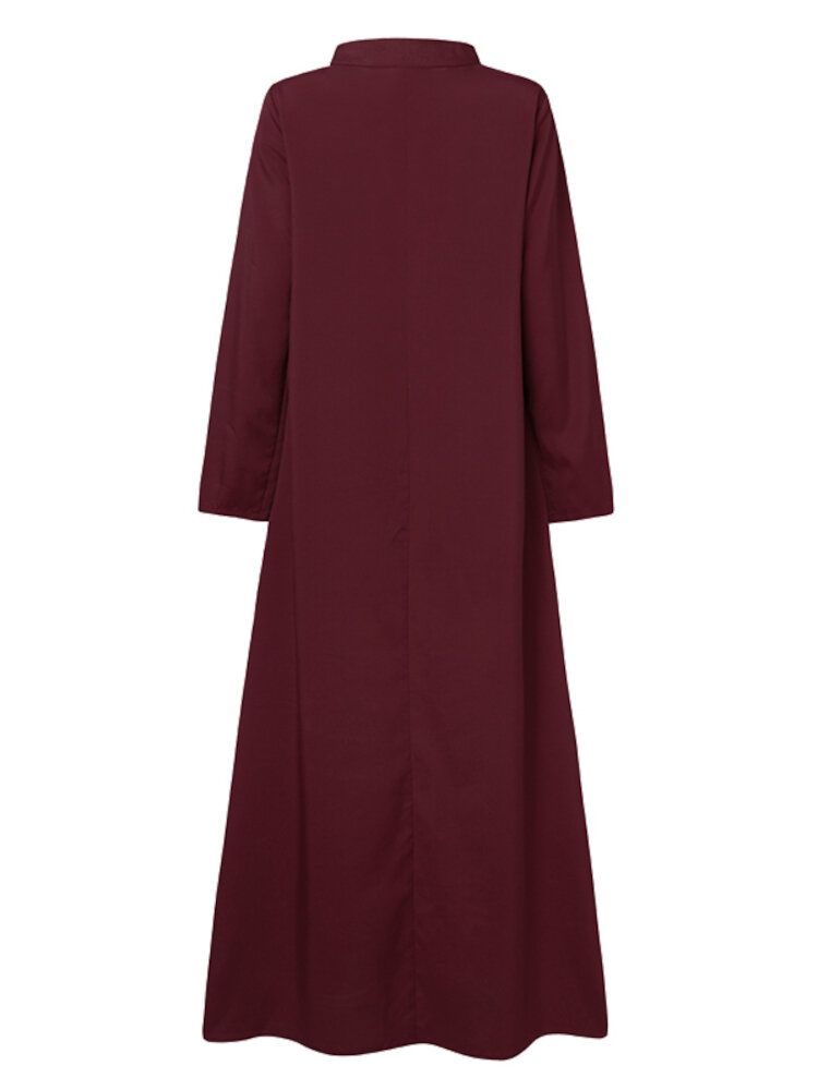 Women Contrast Color Stitching Bohemian Button Long Sleeve MuslimMaxi DressAbayaKaftan-blue