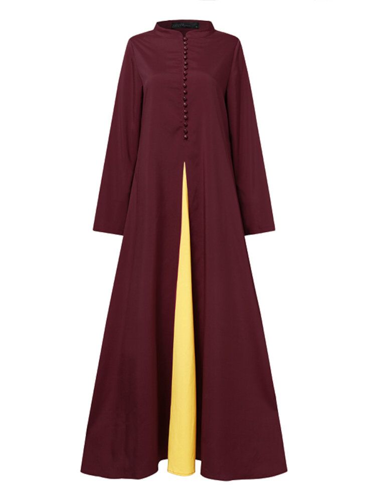 Women Contrast Color Stitching Bohemian Button Long Sleeve MuslimMaxi DressAbayaKaftan-blue
