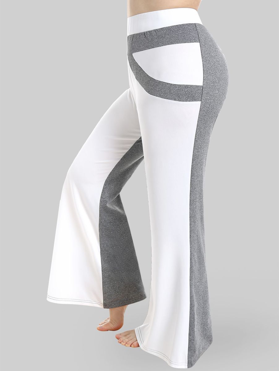 (Gray)ROSEGAL Women's Plus Size Pants New High Rise Colorblock Bell Bottom Pant Female Streetwear Elastic Waist Trousers Normal Mujer SAB