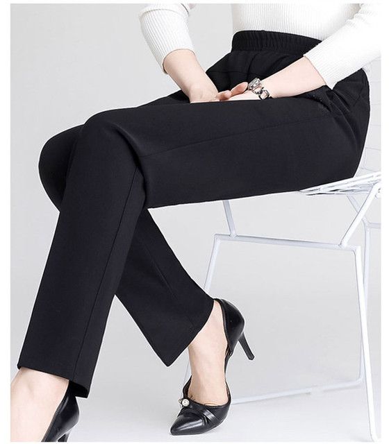 (black)Plus Size 5XL Womens High-waist Straight-leg Casual Trousers  Solid Elastic Pants Autumn Winter Mother Clothing Plus Velvet Warm SAB
