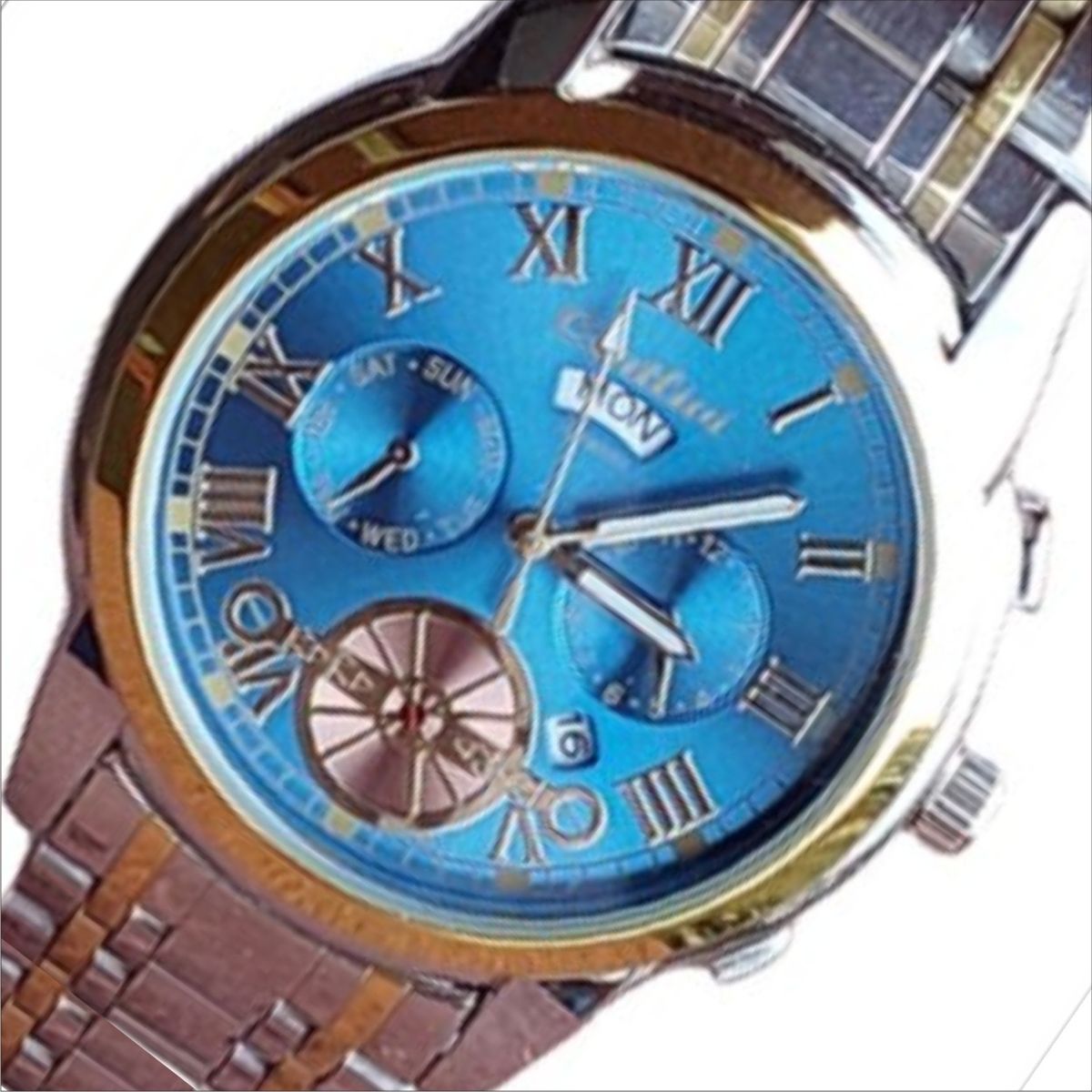 Blue Double Calendar Business Waterproof Quartz Men's Watch - Silver & Gold