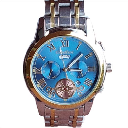 Blue Double Calendar Business Waterproof Quartz Men's Watch - Silver & Gold