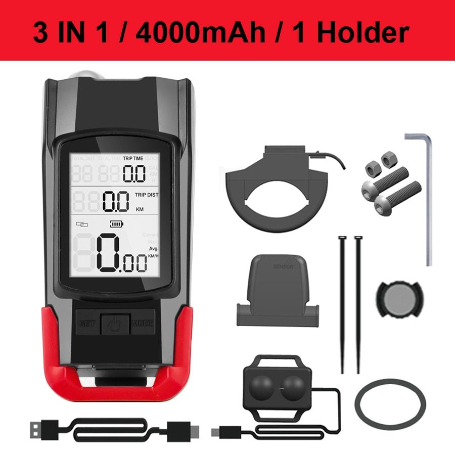 Flashlight For Bike T6 LED Bicycle Computer Horn USB Bike Light Front 2 Holder Waterproof Cycling Headlight Odometer Accessories--ODO Red 1 Stand