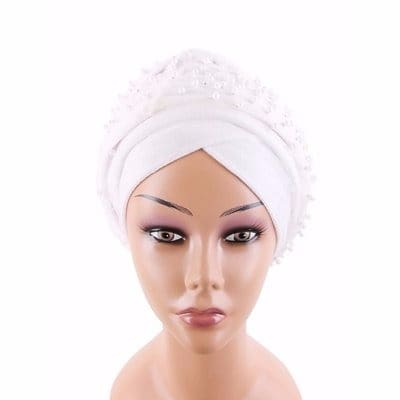 Double Wrap Beaded Net Turban - White