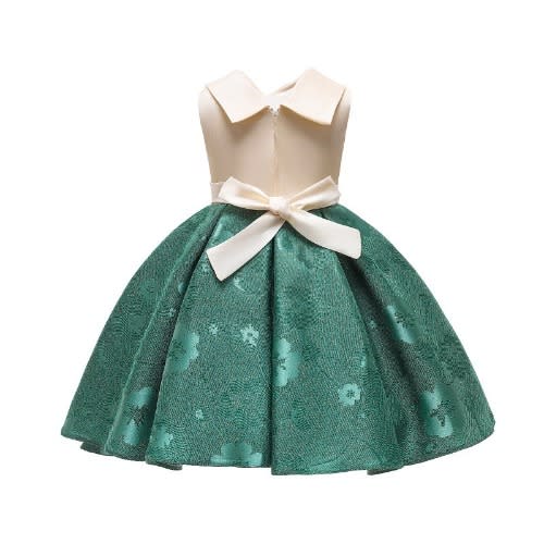 Girl V Neck Jacquard Gown - Cream Green