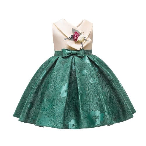 Girl V Neck Jacquard Gown - Cream Green