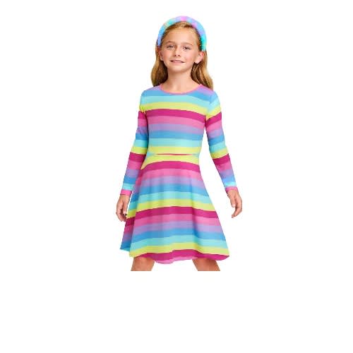 Girls Colourful Ombre Striped Rainbow Knit Skaters Dress