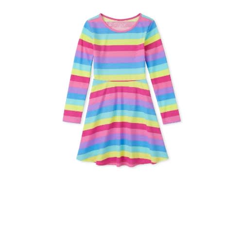 Girls Colourful Ombre Striped Rainbow Knit Skaters Dress