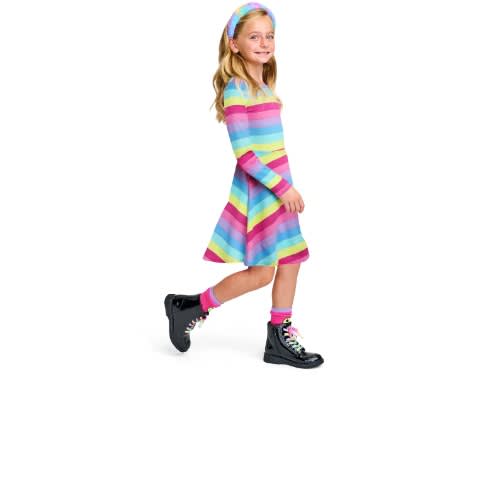 Girls Colourful Ombre Striped Rainbow Knit Skaters Dress