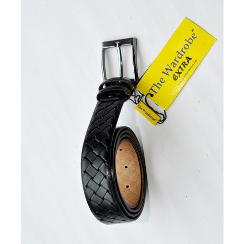 Men Leather Checked Designed Belt-mb-9657 - Black- Size-120/48 Cm