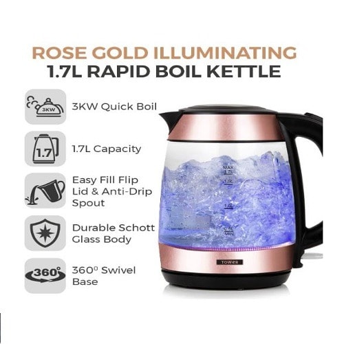 Illuminating Rapid Boil Glass Kettle - 3kw - 1.7l - Rose Gold