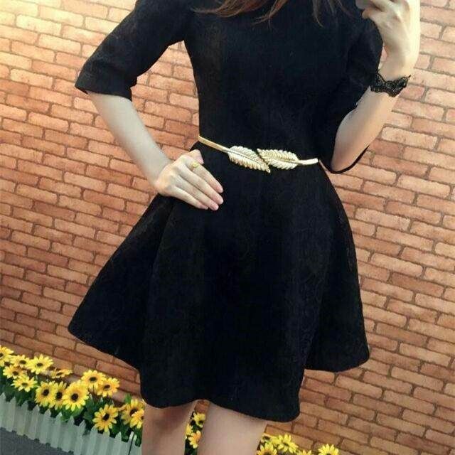 2017 Fashion Women Lady Metal Leaves Waist Belt Strap Stretch Elastic Waistband Gold Golden