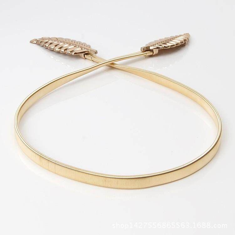 2017 Fashion Women Lady Metal Leaves Waist Belt Strap Stretch Elastic Waistband Gold Golden