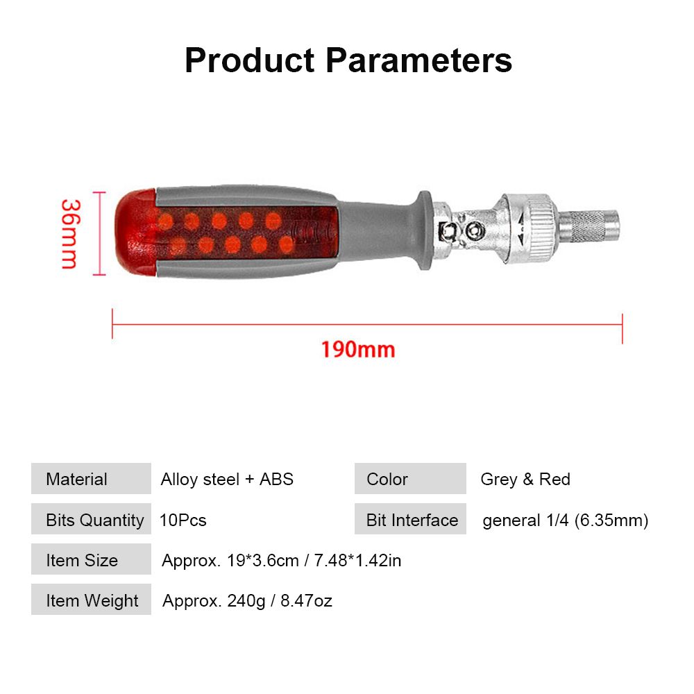 Two-Way Ratchet Screwdriver Set With 10 Bits 180° Alloy