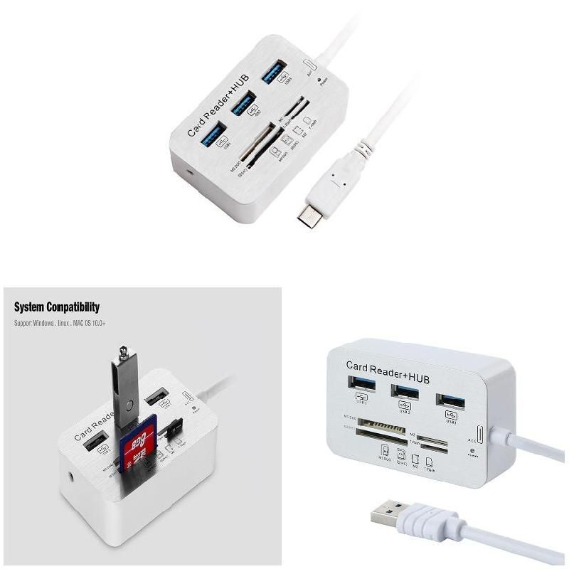 3 Port USB Multi-In-1 Hub MS SD M2 TF Memory Card Reader Aluminum Adapter