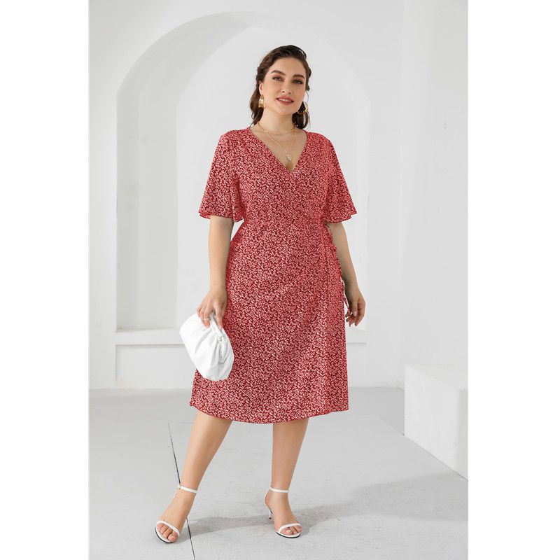 XL-5XL Women V Neck Ruffled Short Sleeve Floral Print Plus Size Dress Red 2761