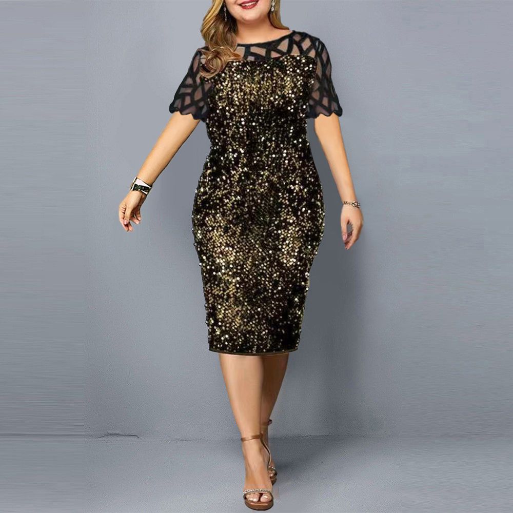 (black Gold)Big Size Clothing 2023 Summer Loose Short Sleeve Woman Dress Elegant Personalized Sequin Design Plus Size Dress Party Vestidos SAB