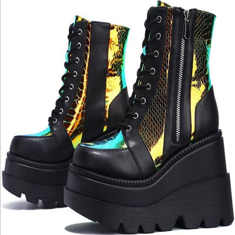 Ladies Platform Boots Designer Goth Cool Motorcyle Women Boots Punk Street Zipper Black Ladies Shoes Cowboy Boots For Women(#Black)