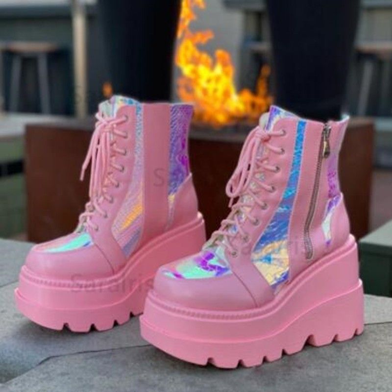 Ladies Platform Boots Designer Goth Cool Motorcyle Women Boots Punk Street Zipper Black Ladies Shoes Cowboy Boots For Women(#Black)