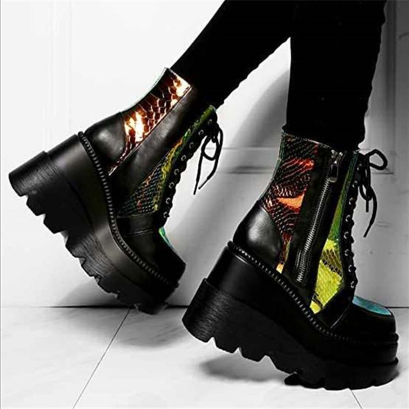 Ladies Platform Boots Designer Goth Cool Motorcyle Women Boots Punk Street Zipper Black Ladies Shoes Cowboy Boots For Women(#Black)