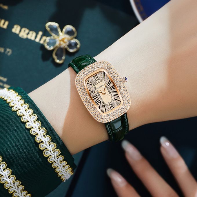 Square Diamond Inlaid Waterproof Quartz Women Watch Green