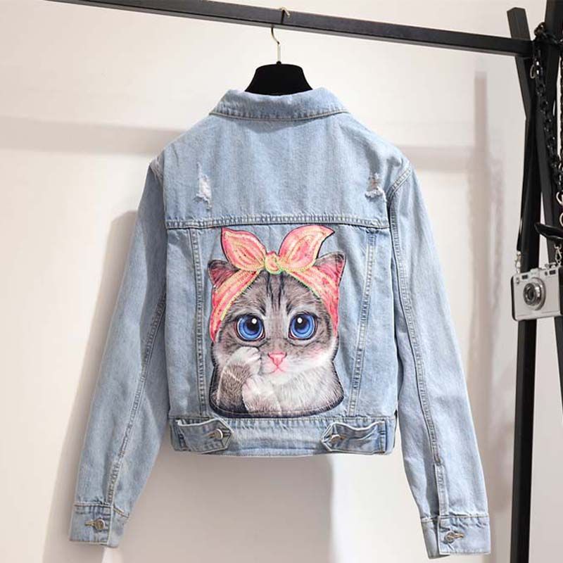 O21 BlueO Cat Embroidery Flower Ladies Jean Jacket