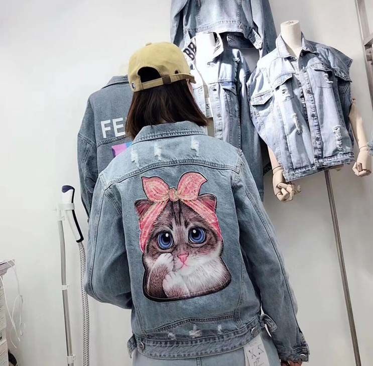 O21 BlueO Cat Embroidery Flower Ladies Jean Jacket