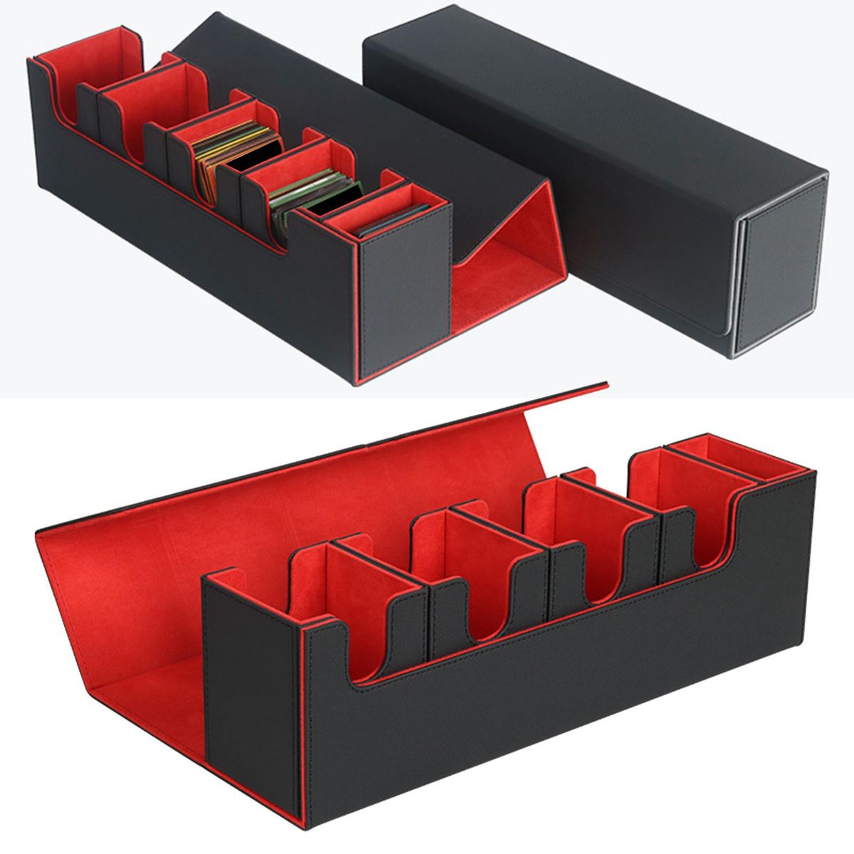 5 Compartment Card Deck Box Organizer Storage Holder Black Red