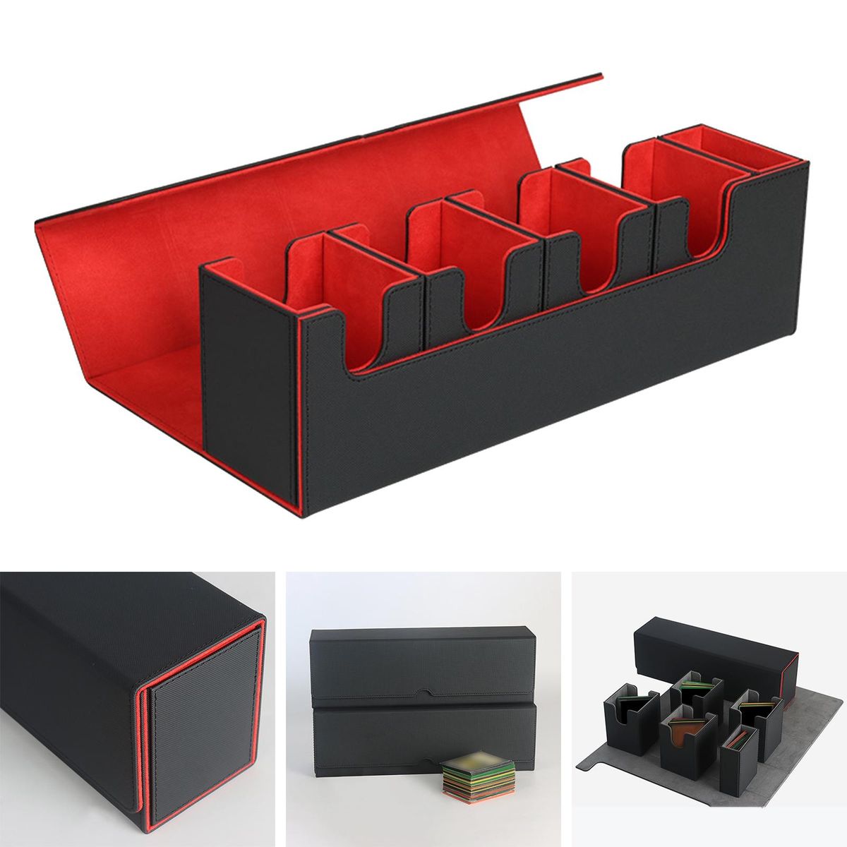 5 Compartment Card Deck Box Organizer Storage Holder Black Red
