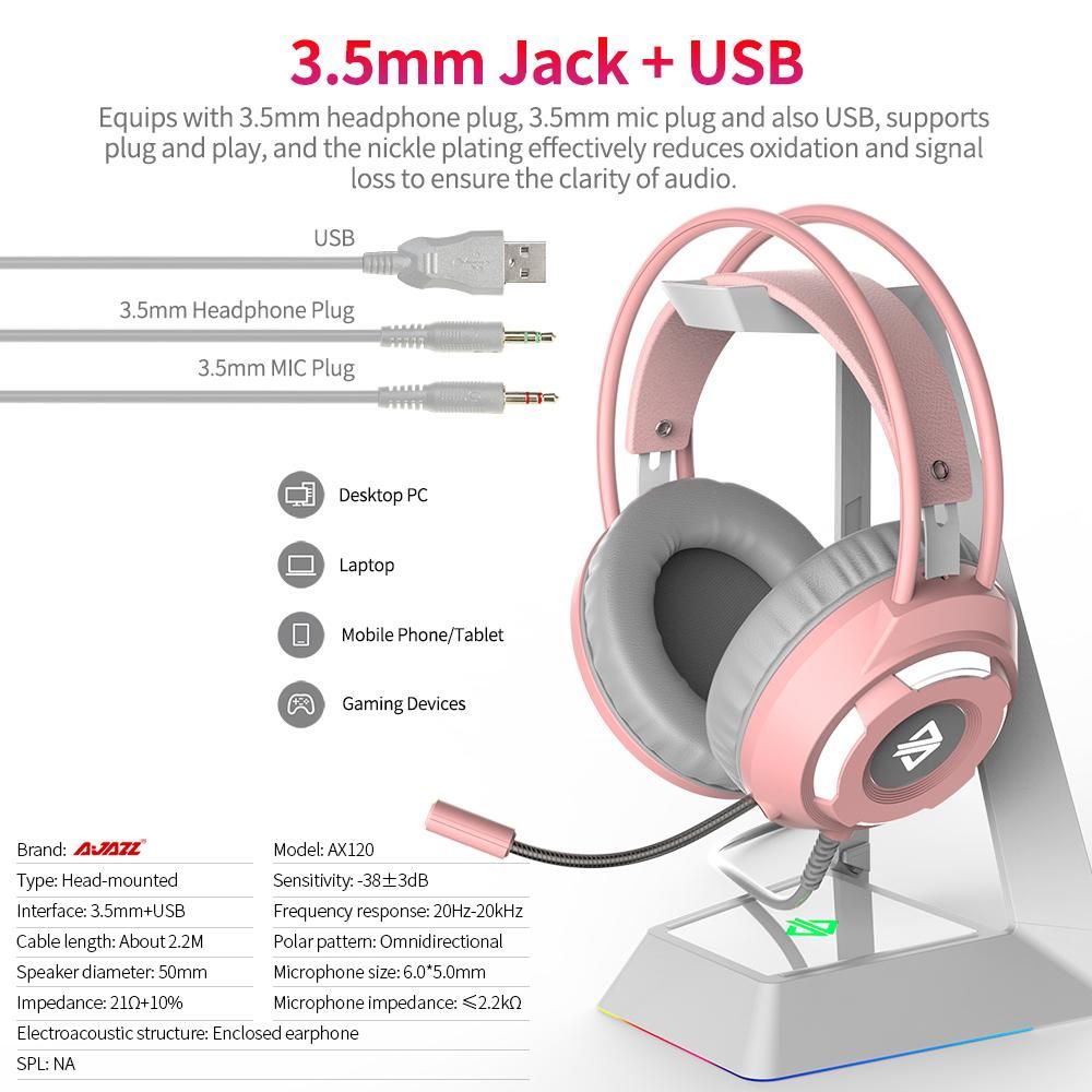 Ajazz AX120 USB Wired Headset 3.5mm Stereo Gaming Headset Noise Cancelling Headphone with Mic 50mm Driver Unit White