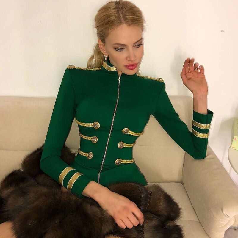 Women's Winter Sexy Club Party Bandage Jacket Black Green Large Size Elegant Long Sleeve Turtleneck Bodycon Christmas Jacket Top