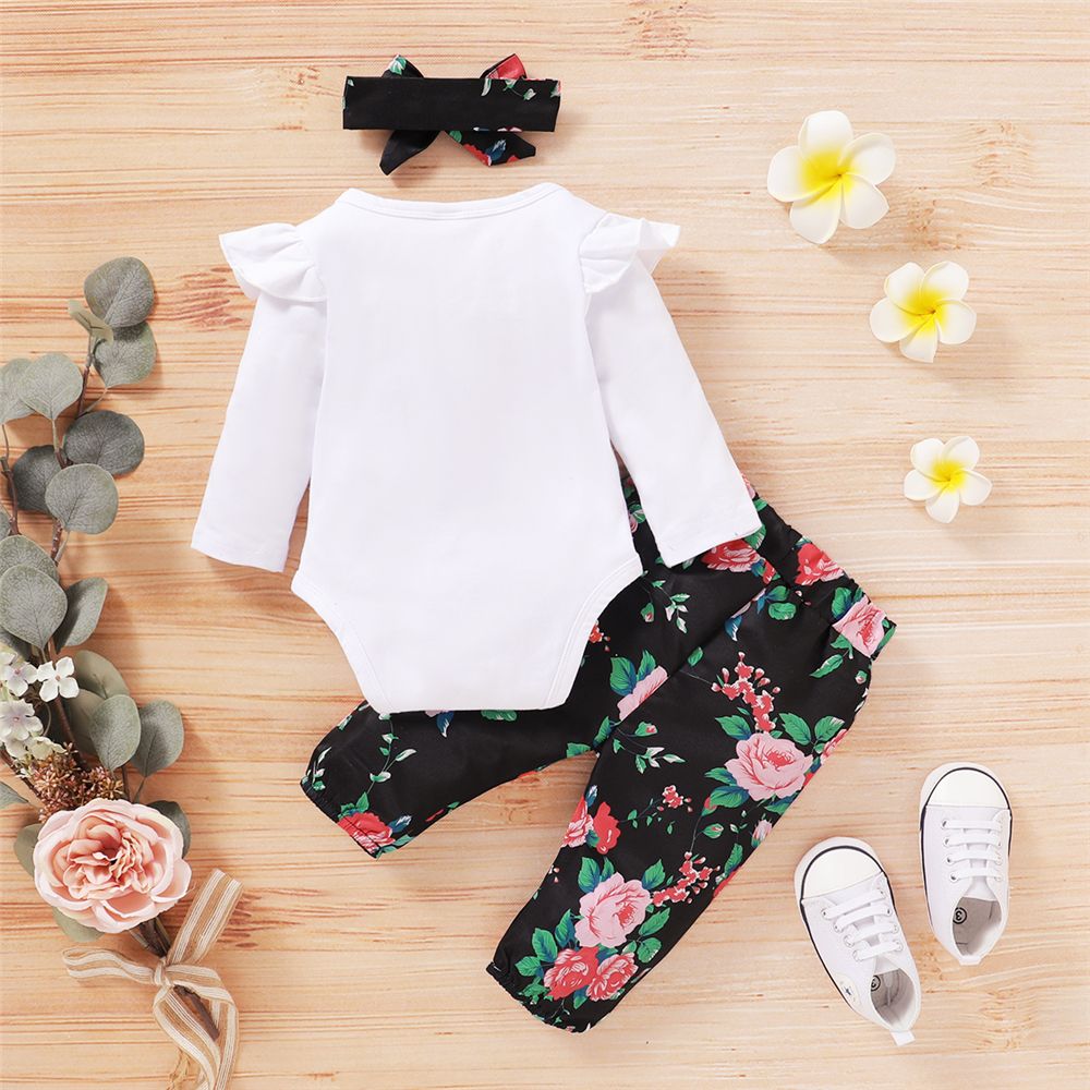 Baby Girls Outfit Letter Print Long Sleeve White Bodysuit + Floral Pants + Headband