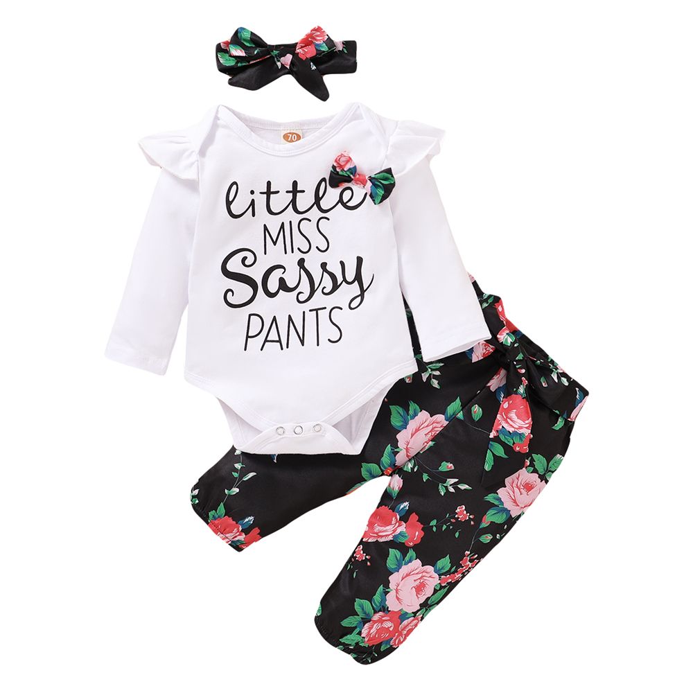 Baby Girls Outfit Letter Print Long Sleeve White Bodysuit + Floral Pants + Headband