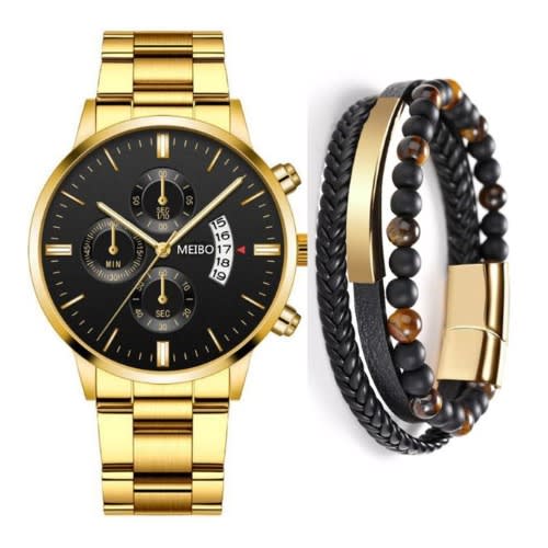 2 In 1 Full Steel Unisex Wrist Watch With Bracelet-gold