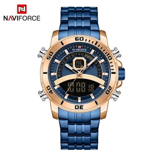 Men Rose Gold Blue Chain Dual Display Wristwatch