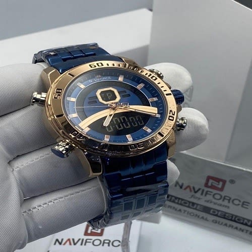 Men Rose Gold Blue Chain Dual Display Wristwatch