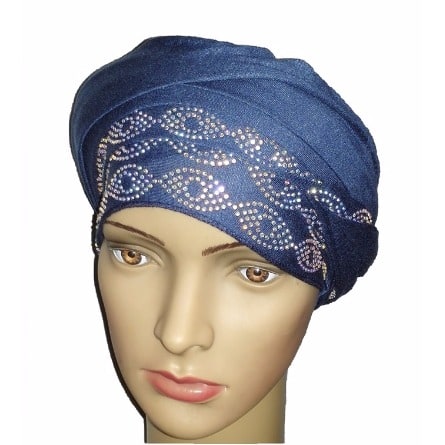 Silky Soft Regal Front Studded Turban with Ring Design - Atlantic Blue
