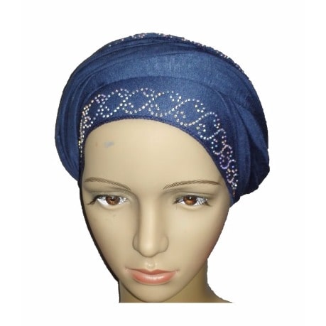 Silky Soft Regal Front Studded Turban with Chain Link Design - Atlantic Blue