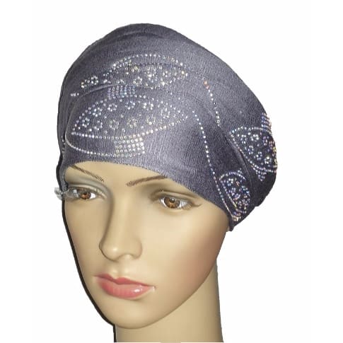 Silky Soft Regal Front Studded Turban with Orbital Print - Slate Grey