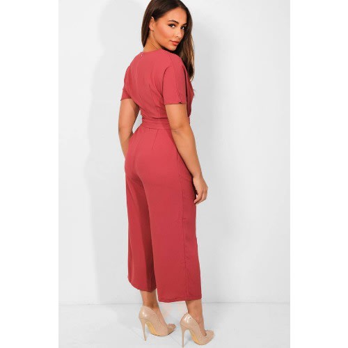 Wrap Neck Belted Cropped Culotte Jumpsuit