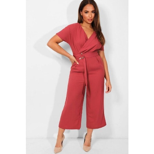 Wrap Neck Belted Cropped Culotte Jumpsuit