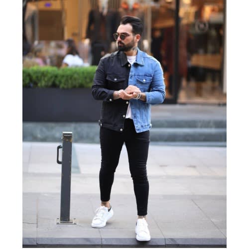Jean Jacket - Half Black And Blue Denim Jean