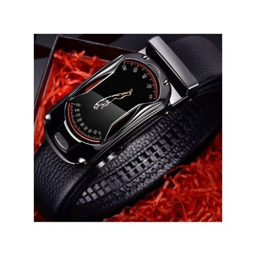 Men 120cm Adjustable Waist Leather Belt Alloy Automatic Clasp Belt - Black