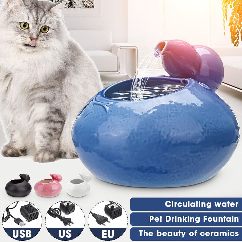 Ceramic Pet Cat Dog Automatic Circulating Water Dispenser Fountain Basin Drinker EU-Blue