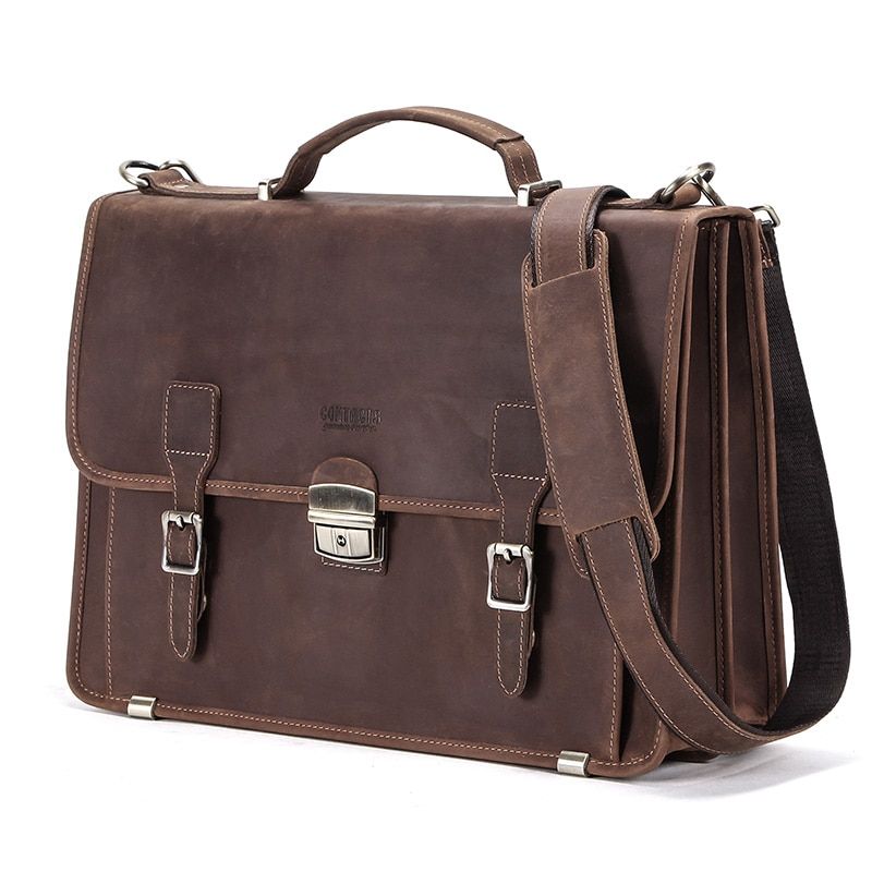 Retro Men's Bag Crazy Horse Leather Men Briefcase Laptop Bag For 14 Inch Male Business