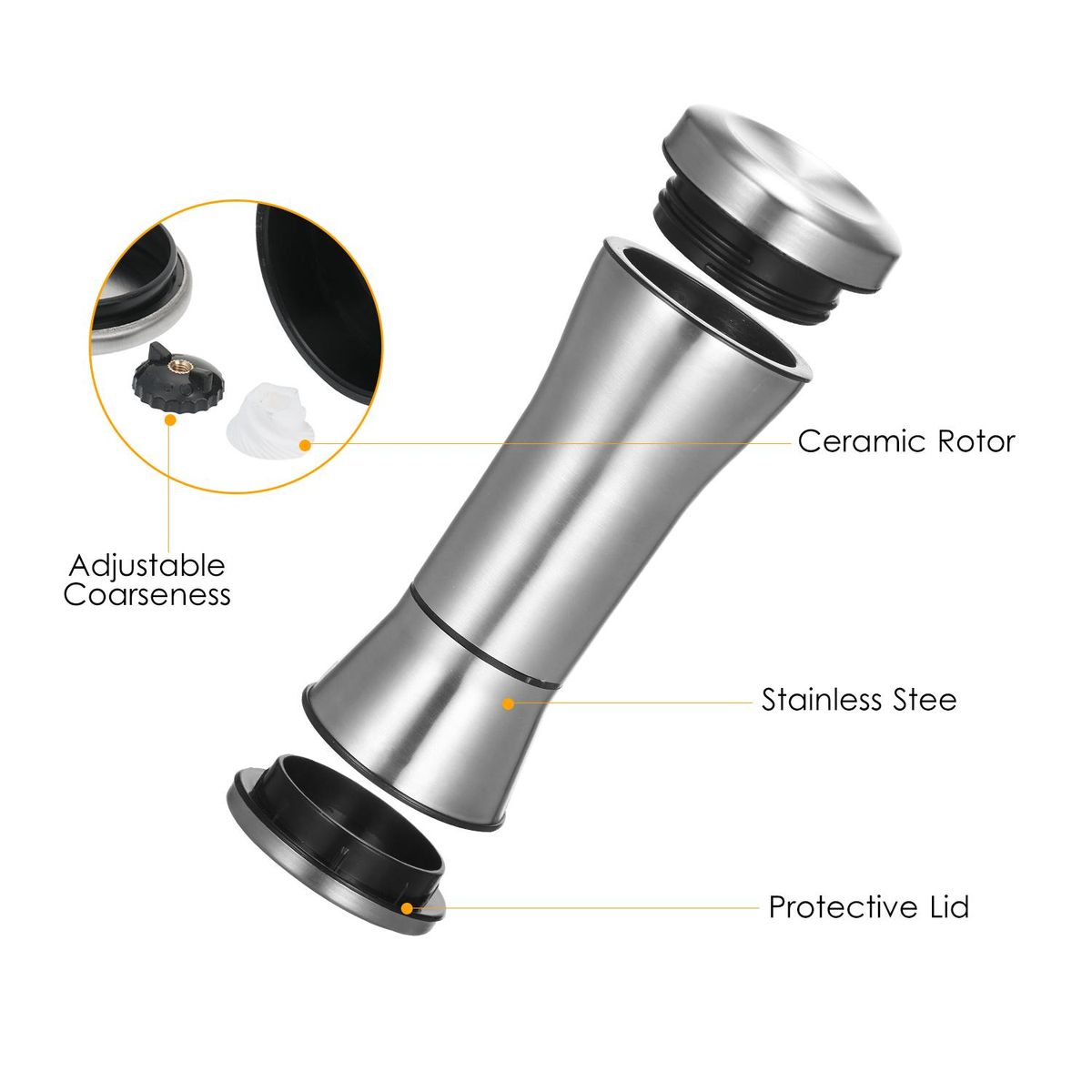 Salt and Pepper Grinder Refillable Coarseness Adjustable 304 Stainless Steel Salt and Pepper Mill Shakers With Lid Seasoning Jar Holder Container